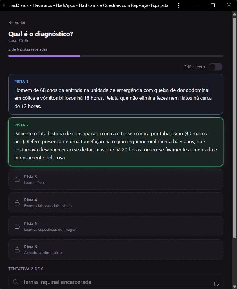 Interface real do HackNodes com pistas progressivas de um caso clínico.