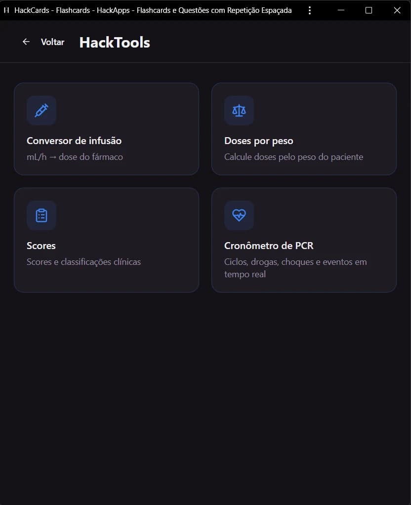 Tela real do HackTools com conversor de infusão, doses por peso, scores e cronômetro de PCR.
